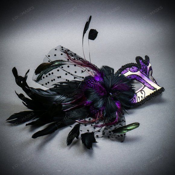 Venetian Black Side Feather Purple Glitter Women Eyes Mask Masquerade Prom Mask - Picture 3 of 4
